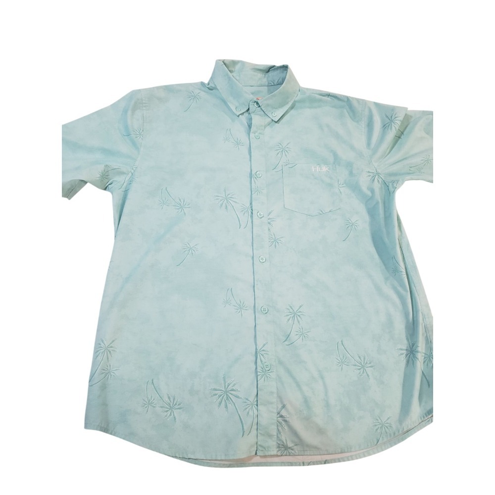 Huk Fishing Short Sleeve Button Up Shirt Mens Size M‎ Teal Palm Trees Hawaiian